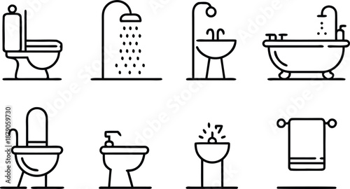 Various bathroom fixtures line art set showing toilets sinks showers and bathtubs on transparent background