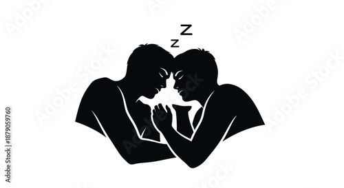 A loving couple peacefully sleeping with their adorable cat.