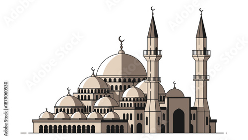 Grand Mosque Architecture Illustration with Domes and Minarets.