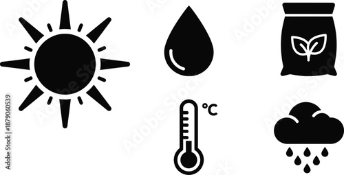 A graphic illustration of various weather and climate symbols on a white background