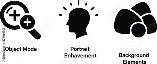 A graphic design featuring three black and white icons for photo editing tools on a clean background.