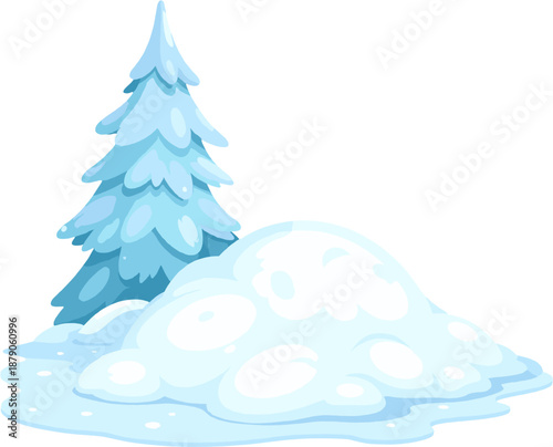 Winter forest landscape with snow covered pine trees and soft snowdrifts in cute cartoon style, perfect for holiday designs, children’s illustrations, Christmas scenes, and seasonal backgrounds
