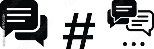 A set of black and white icons representing speech bubbles and a hashtag on a clean white background.