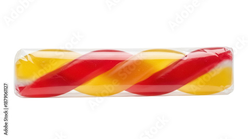 Wrapped red and yellow twisted candy stick isolated PNG, hard candy treat for holidays and celebrations on transparent background