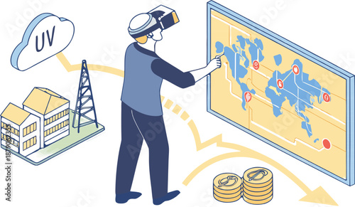 In a virtual reality environment, businessman monitors and manages the global supply chain, using an interactive isometric map with logistics and factory components.
