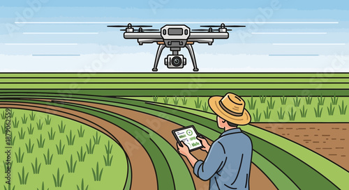Modern Farming: Farmer using drone and tablet for crop inspection and management illustration