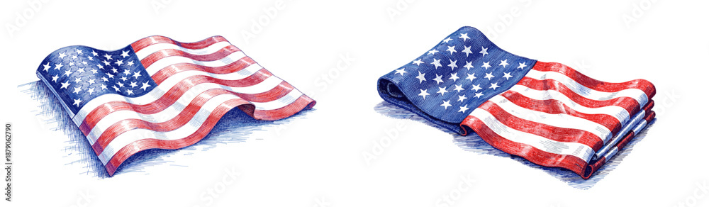 Obraz premium Vintage sketch of folded American flag in blue ink for Independence Day 