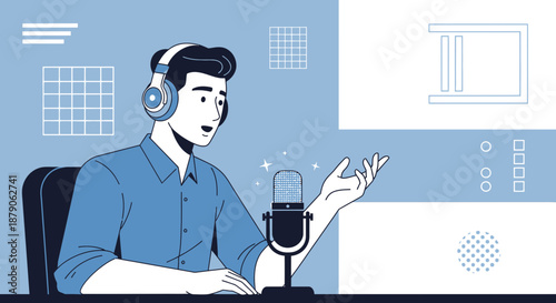 Podcast Creation: A modern stylized illustration of a person recording an audio broadcast
