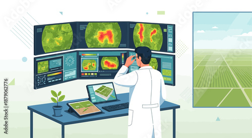 Precision agriculture research scientist analyzing crop health data with technology interface