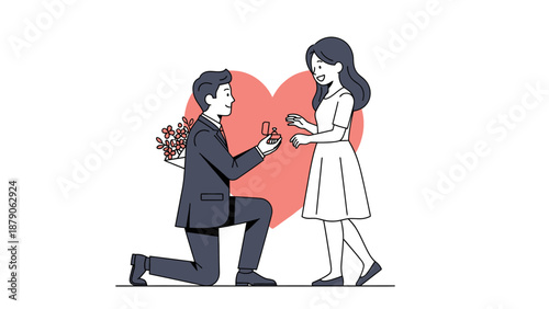 Romantic man kneeling and proposing to woman with ring and flowers on heart background.