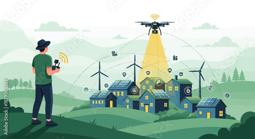 Smart village with renewable energy powered by solar and wind, monitored by drone and connected to