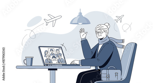 Sophisticated senior woman connecting virtually before traveling on a flight journey
