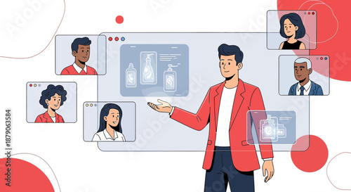 Virtual product presentation showcasing diverse team collaboration and online marketing initiatives