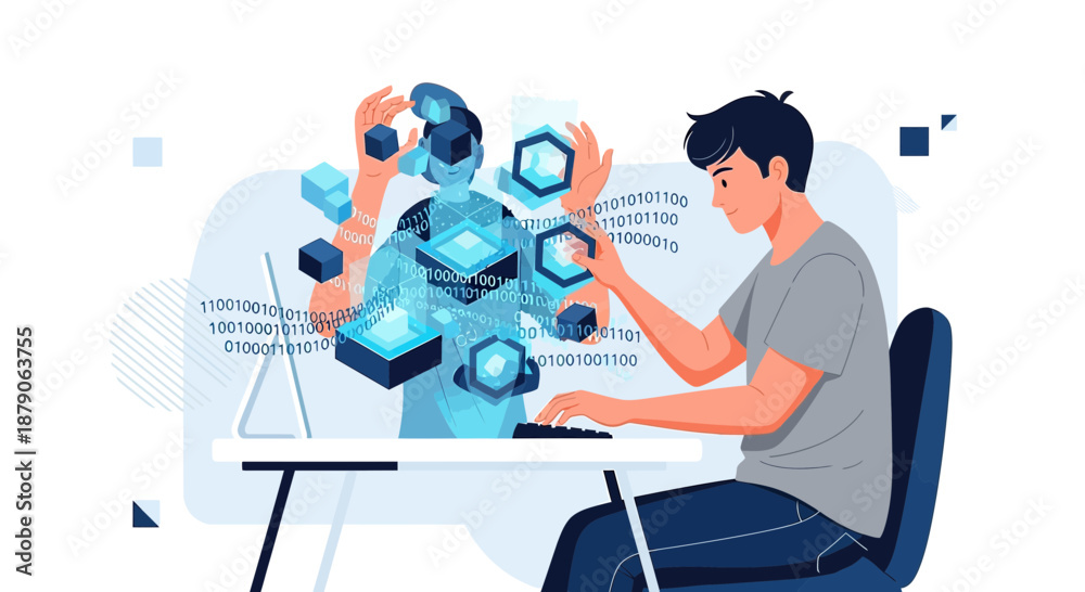 Fototapeta premium Young man interacting with a digital avatar in a virtual environment for advanced tech interface