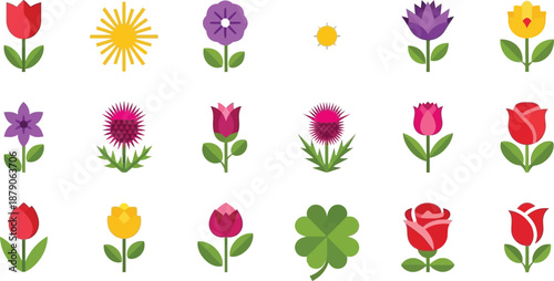 Collection of eighteen different stylized flat design floral icons featuring tulips roses thistles daisies clovers and sun symbols for spring themes