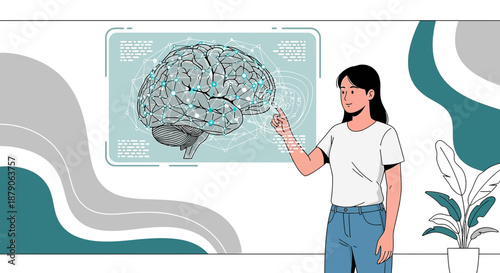 Woman interacting with holographic brain interface displaying connected neural networks and data
