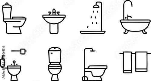 Bathroom vector icon set includes toilet sink shower bathtub towel rack accessories on transparent background