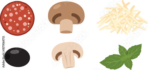 Flat vector set of 6 pizza ingredients pepperoni slice mushroom cheese shred olive and basil leaf