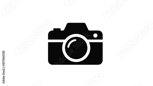 Camera photography equipment device black and white icon on clean white background for creative design