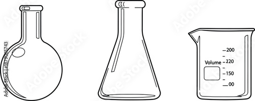 Outline illustration set of 4 laboratory flasks round bottom flask erlenmeyer flask volumetric flask and beaker