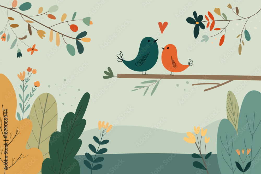Obraz premium Vector invitation with birds and flowers