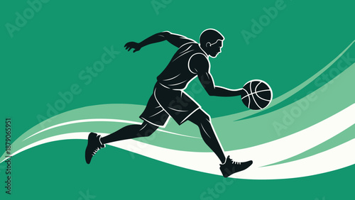 Dynamic basketball player in action with green background