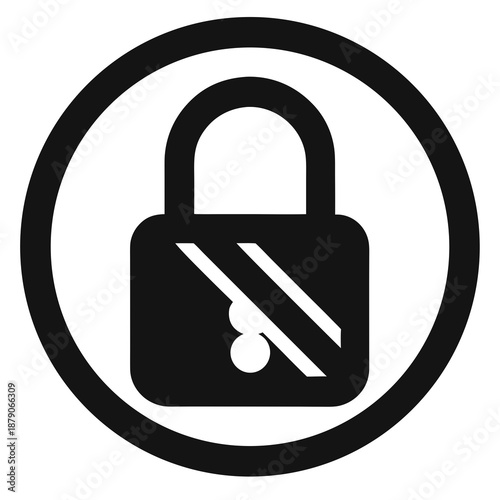 Title: A black and white of a padlock with a diagonal line through it indicating prohibition or