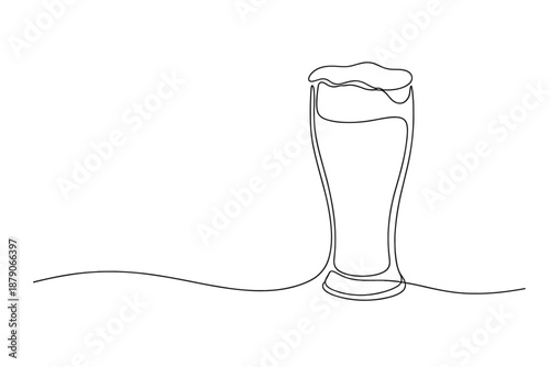 Minimalist continuous line drawing of a frothy beer pint glass on a table surface, simple monochrome outline illustration on white background