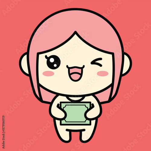 Cute cartoon character with red hair holding a green smartphone and winking