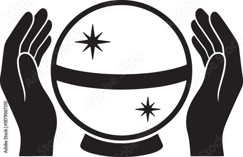 Two hands holding a crystal ball with stars and horizontal lines inside also transparent background