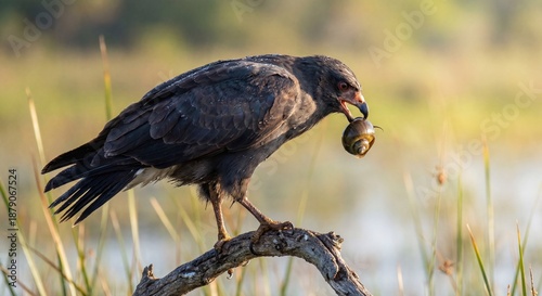 Snail Kite With Apple Snail Prey Rostrhamus sociabilis Perched on a Branch  