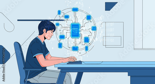 Illustration showcasing a coder engrossed in processing computer data information and technology,