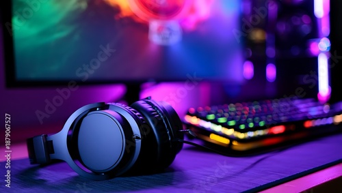Gaming headset and colorful keyboard on desk with monitor in background  modern gaming setup