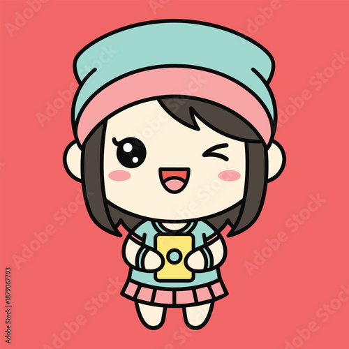 Cute cartoon girl with pink cheeks and blue hat holding a yellow book smiling against red background