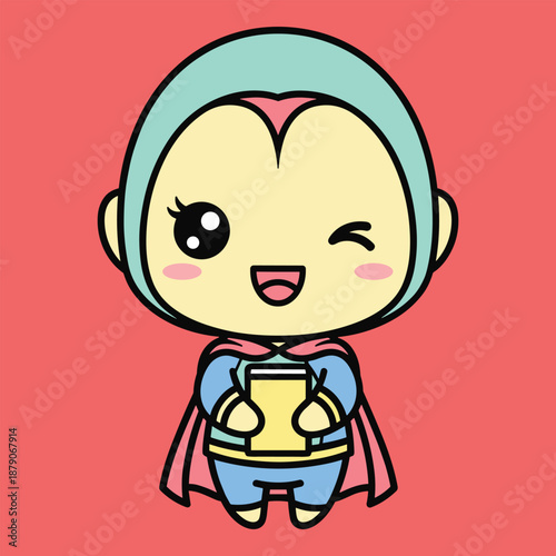 Cute cartoon character with blue hair and a yellow superhero costume winking and smiling yellow costume
