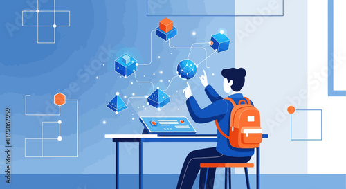 Innovative student engaging in futuristic learning with a virtual interface and geometric models