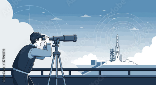 Man Observes Rocket Launch through Telescope: Illustration of Future Exploration and Discovery