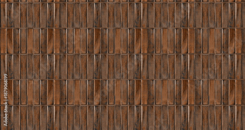 Rusty brown vertical ceramic tiles with glazed finish and uneven texture for architectural backgrounds