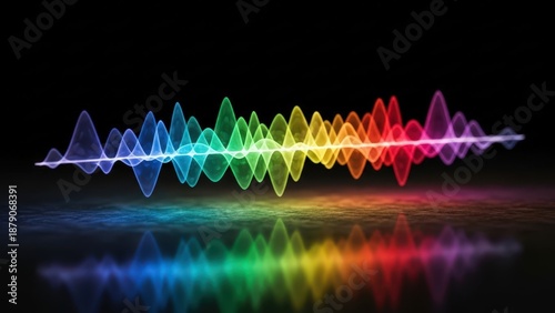 A vibrant sound wave with a rainbow of colors on a black background