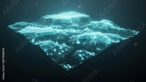 A glowing blue underwater mountain landscape with a dark background