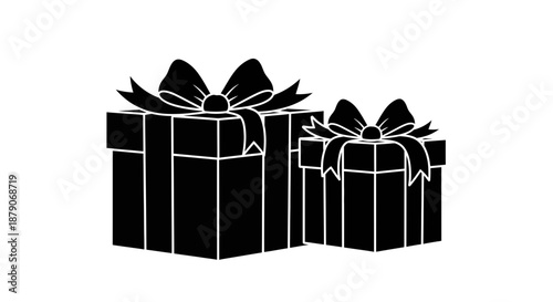 Two black gift boxes with ribbons on a white background, perfect for presents or awards