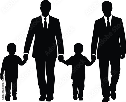 Silhouette of Gay Family with Two Fathers and Sons, Same Sex Parents Holding Hands with Children, Vector Illustration Isolated on White
