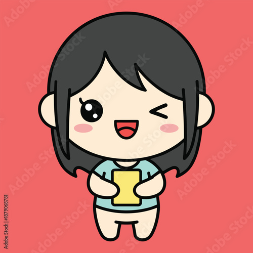 Cute cartoon girl with black hair holding a yellow book against a red background