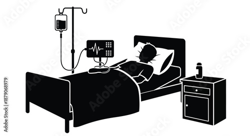 A patient lies in a hospital bed with an IV drip and heart rate monitor