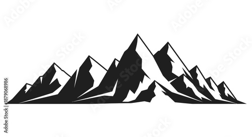 A stylized black silhouette of a mountain range against a white background