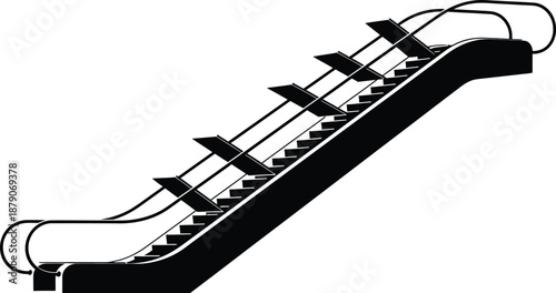 A black and white illustration of an escalator on a plain background