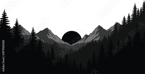 A serene mountain landscape at sunset with trees in the foreground