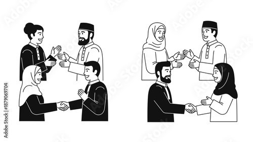 Muslim people shaking hands and greeting each other set.