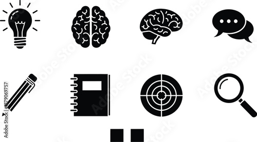 A collection of black and white icons representing ideas, thinking, and problem solving on a clean white background