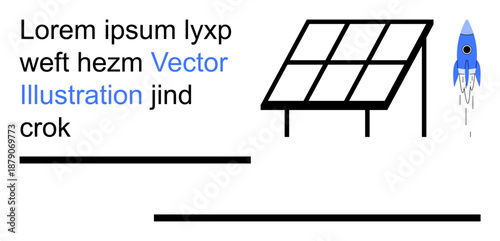 Technology, innovation, energy efficiency, renewable resources, futuristic designs, sustainability. Image of a solar panel and a rocket with placeholder text. Technology and renewable resources